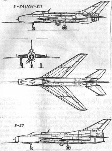 Схемы фронтового истребителя Е-2А и истребителя-перехватчика Е-50