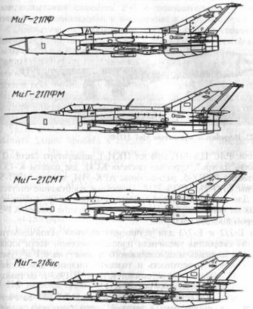 Схемы истребителей-перехватчиков МиГ-21ПФ, МиГ-21ПФМ, МиГ-21СМТ, МиГ-21бис