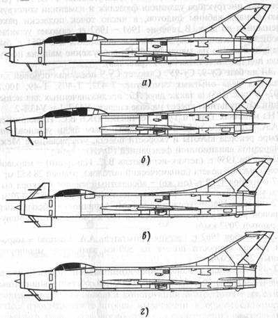 Схемы опытного самолета У-43 (а) и серийного самолета Су-9У (б) и летающих лабораторий (в, г), созданных на базе Су-9